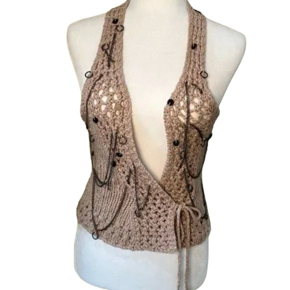 LA Rok Tops - Vintage LA Rok Designer Crochet Vest with Chains, Beadwork - Medium